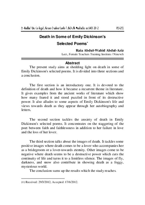 (PDF) Death in Some of Emily Dickinson's Selected Poems | colloque sba - Academia.edu