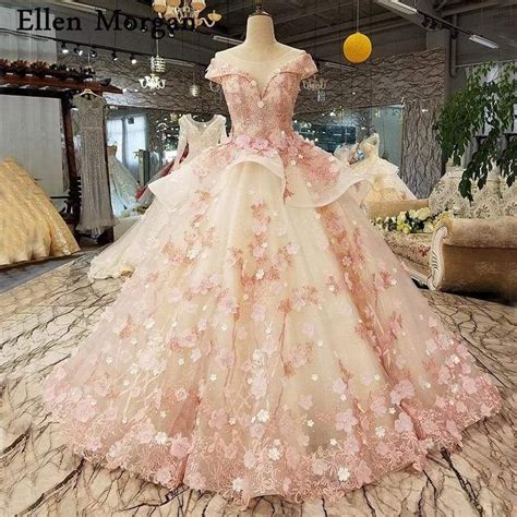 Princess pink lace sheer neck puffy elegant ball gowns formal dress ...