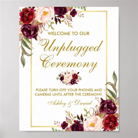 Floral Burgundy Gold Wedding Ceremony Unplugged Poster | Zazzle.com