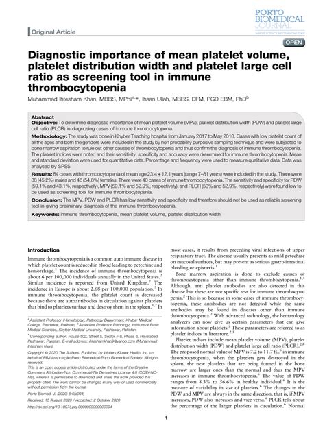 (PDF) Diagnostic importance of mean platelet volume, platelet ...