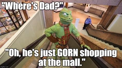 Funny Star Trek Gorn meme: "Where's Dad?" "Oh, he's just GORN shopping ...