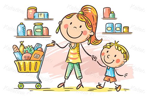 Family shopping clipart. Cartoon doodle mom and son at supermarket with ...