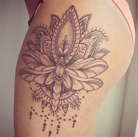 Mandala-style lotus flower tattoo on the outer thigh. | Tattoos, Thigh tattoo, Lotus tattoo design