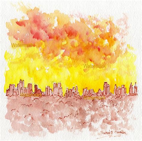 Impressionist Watercolor Painting Of Manhattan Island At Sunset - Condren Galleries Ltd.