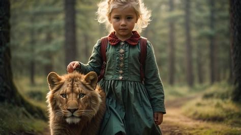 Premium AI Image | African lion roar with cute baby girl