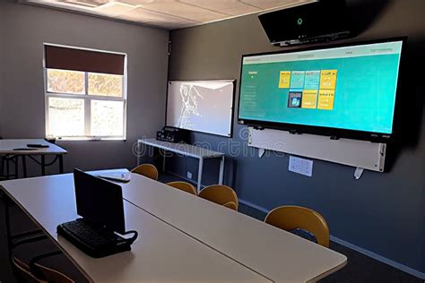 School Classroom with Interactive Smart Board, Laptop, and Projector ...