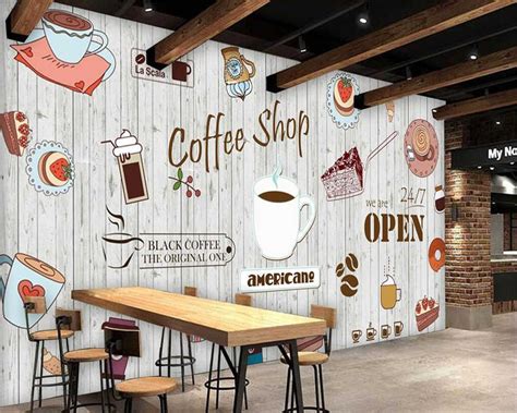 European and American Retro Hand Painted Coffee Shop Wooden Board Background Mural Wallpaper 3D ...