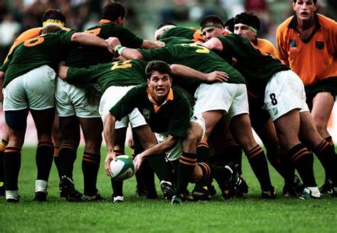 Joost Van Der Westhuizen of South Africa passes out of the scrum ...