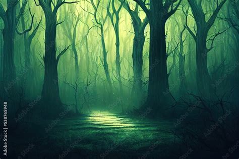 Realistic haunted forest creepy landscape at night. Fantasy Halloween ...