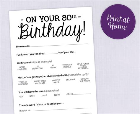 80th Birthday Party Game Card Funny Milestone Printable PDF