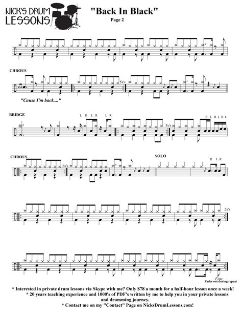 “Back In Black” AC/DC – Drum Sheet Music - Nicks Drum Lessons