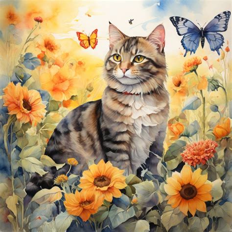 Sunflower Tabby Cat Art Print Free Stock Photo - Public Domain Pictures