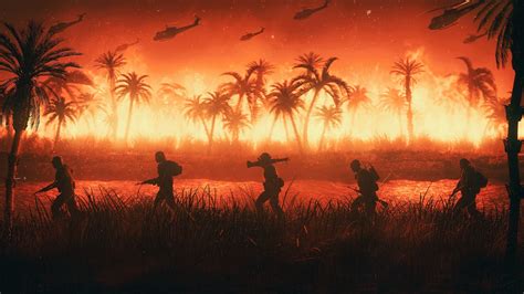 Wallpaper Palm trees, Vietnam, soldiers, helicopter, fire, war, art picture 3840x2160 UHD 4K ...