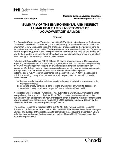 (PDF) Summary of the Environmental and Indirect Human Health Risk Assessment of AquAdvantage® Salmon