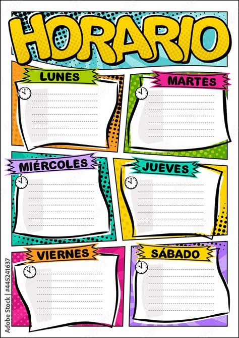 Spanish Comic template of a school schedule for 6 days of the week. Cartoon Blank for a list of ...