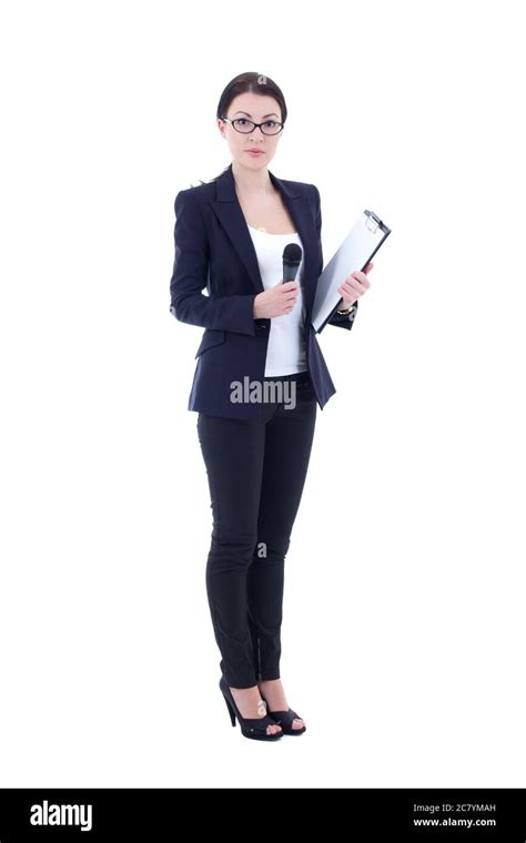 female reporter with microphone and clipboard isolated on white ...