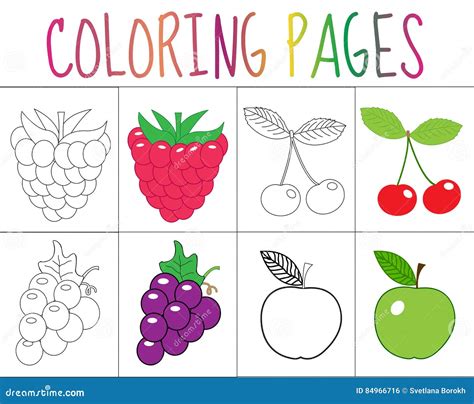 Coloring Book, Page Set. Fruits Collection. Sketch and Color Version. for Kids. Stock Vector ...