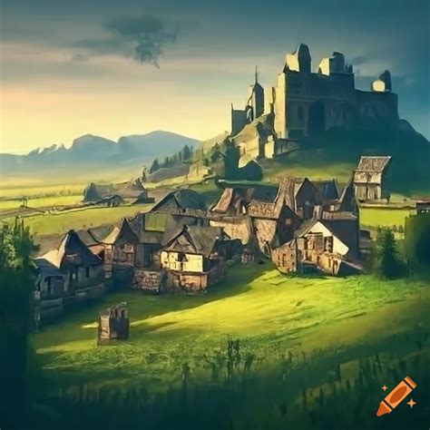 Detailed fantasy artwork of a medieval town with a stone wall and mountain backdrop on Craiyon