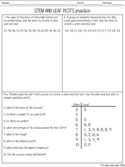 Stem and Leaf Plots Notes and Worksheets - Lindsay Bowden