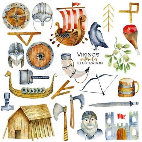 Watercolor Elements of Viking Culture Stock Illustration - Illustration ...