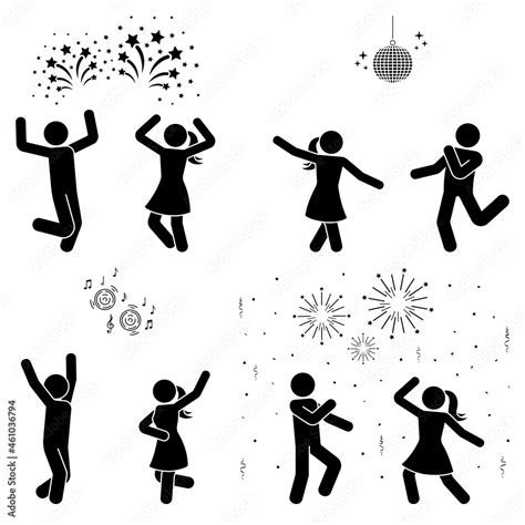 Happy stick figure man and woman dancing at nightclub under disco ball ...