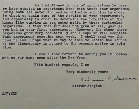 At Auction: Nobel Prize Winning Scientist Selman Waksman on “alginic acid and decomposing organisms”