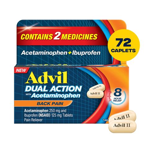 Advil Dual Action Back Pain Caplets Delivers 250Mg Ibuprofen and 500Mg ...