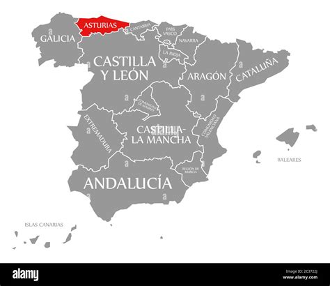 Asturias red highlighted in map of Spain Stock Photo - Alamy