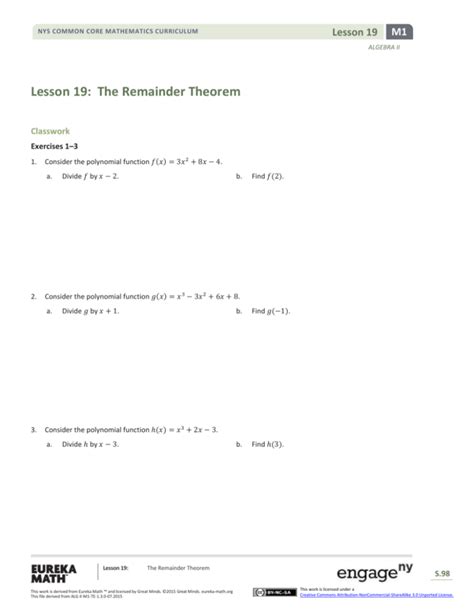 Lesson 19: The Remainder Theorem