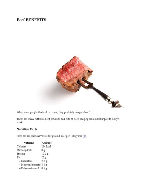 Beef Benefits: Nutrition Facts | PDF | Nutrients | Fat