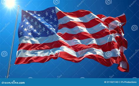 Fabric Flag of America Against a Blue Sky with Sun Flare. Stock Image ...