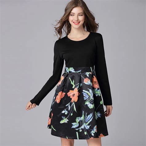 2019 fashion design women floral print A line dresses plus size O neck ...