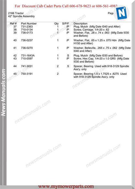 Cub Cadet Parts Manual For Model 2166 Tractor