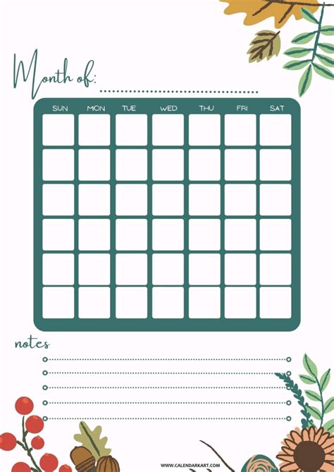 a printable calendar with autumn leaves and flowers on it, including ...