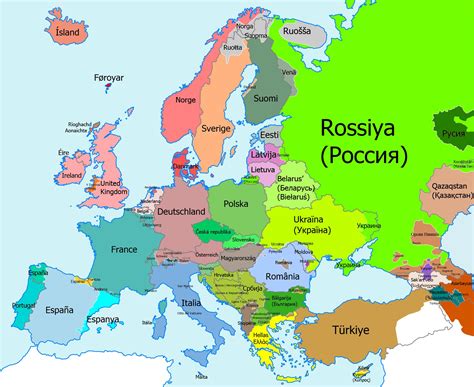 Map of Europe with countries labelled in native...