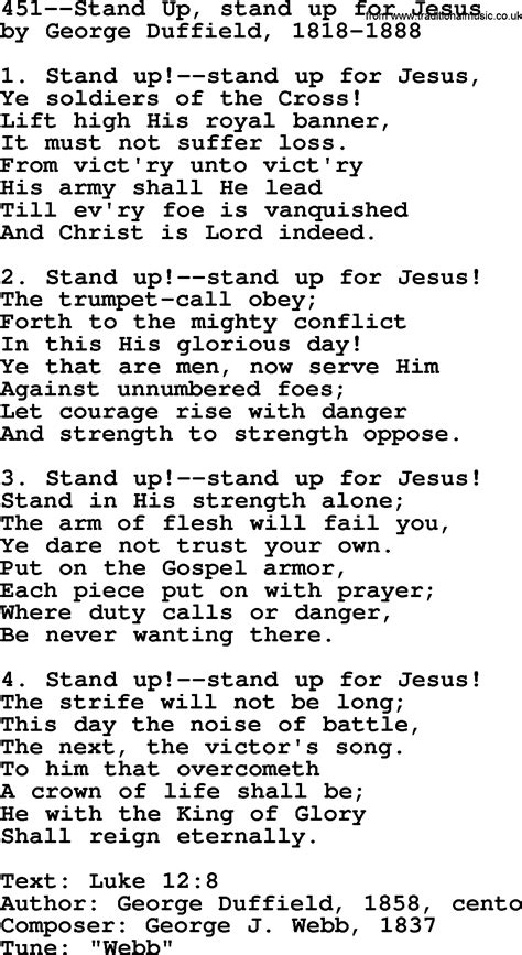 Lutheran Hymns, Song:451--Stand Up, stand up for Jesus - lyrics and PDF