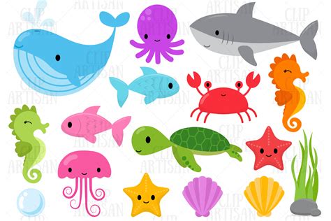 Sea Animals Clip Art, Ocean Creatures (438428) | Illustrations | Design Bundles