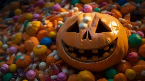 Premium AI Image | A halloween pumpkin sits in a pile of candy.