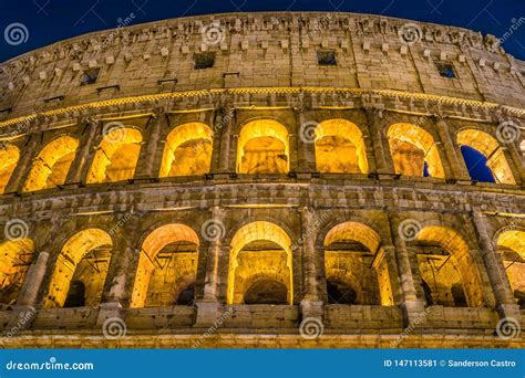 The Great Roman Colosseum and Its Arches at Night in Rome - Italy Stock ...