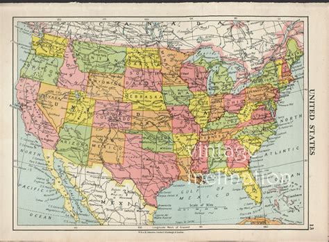 USA map 1950 vintage United States map. map decor office