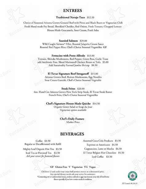 Menu at El Tovar Dining Room pub & bar, Grand Canyon Village, 1 El Tovar Rd