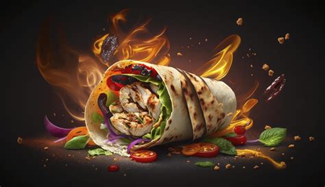 fresh grilled chicken wrap roll with flying ingradients and spices hot ready to serve and eat ...