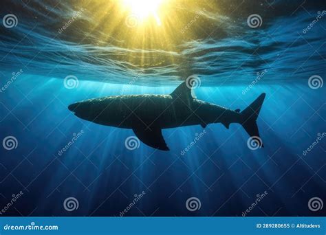 Great White Shark Silhouette Against Sunlit Ocean Surface Stock Image - Image of silhouette ...