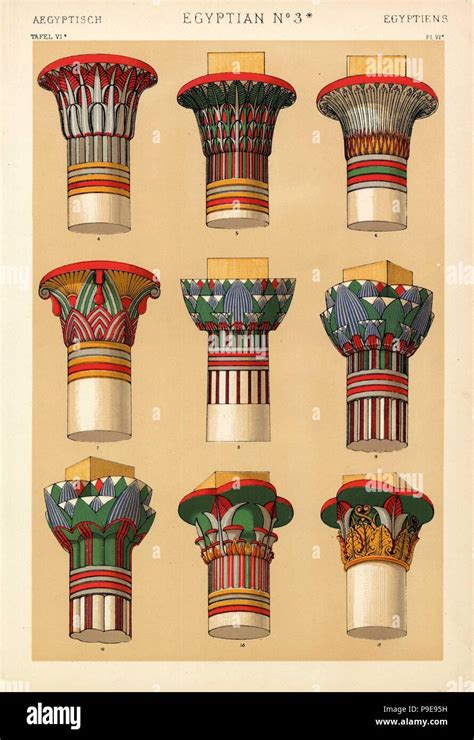 Egyptian ornaments to capitals of columns showing lotus and papyrus ...