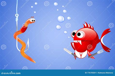 Cartoon Evil Red Fish Looking at a Worm on a Fishing Hook and Wants To ...