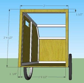 a drawing of a small wooden cart with wheels on the side and measurements for it