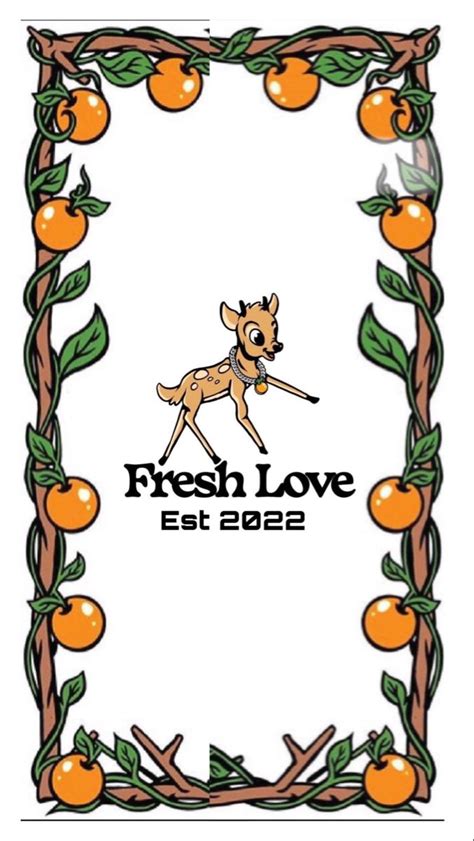 the fresh love logo with an orange tree and deer holding a stick in it's mouth