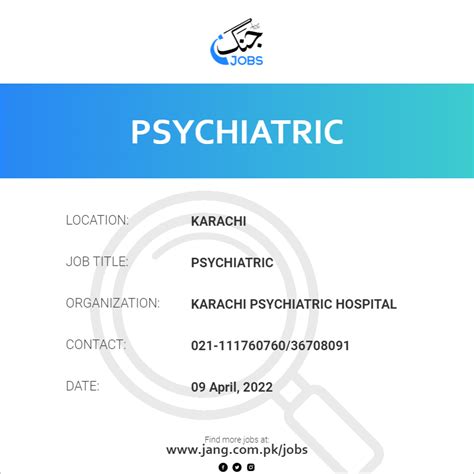 Psychiatric Job – Karachi Psychiatric Hospital - Jobs in Karachi – 40547