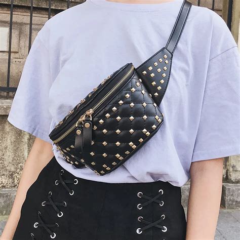 Fashion Punk Rivet Waist bag Women Girls Fanny Pack PU leather Chest Belt Bag Street Black White ...