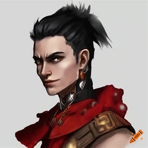 Image of a man with black hair in red leather armor